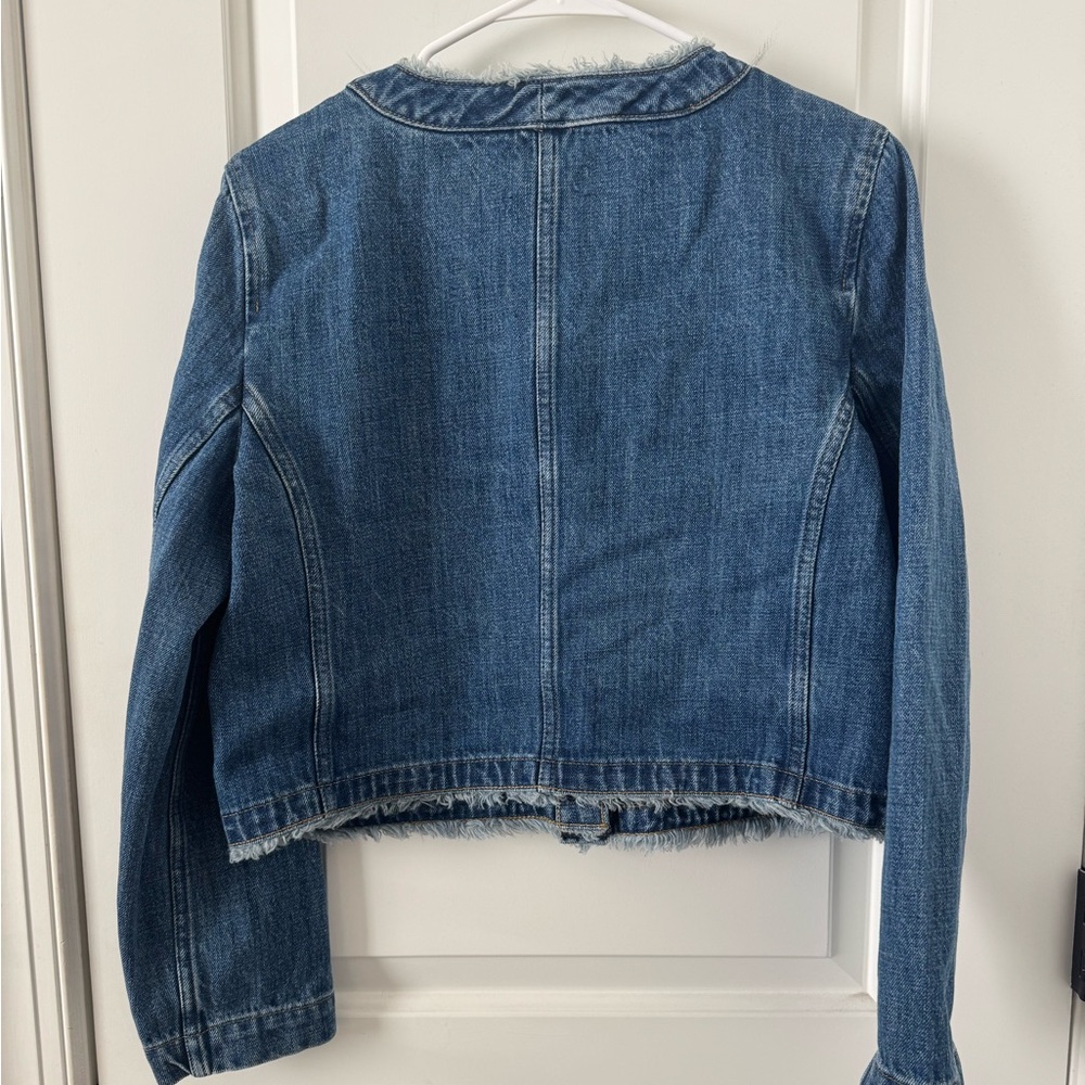 J. Crew Blue Denim Frayed Lady Day Jacket with Gold Buttons Size 8 - Picture 2 of 7